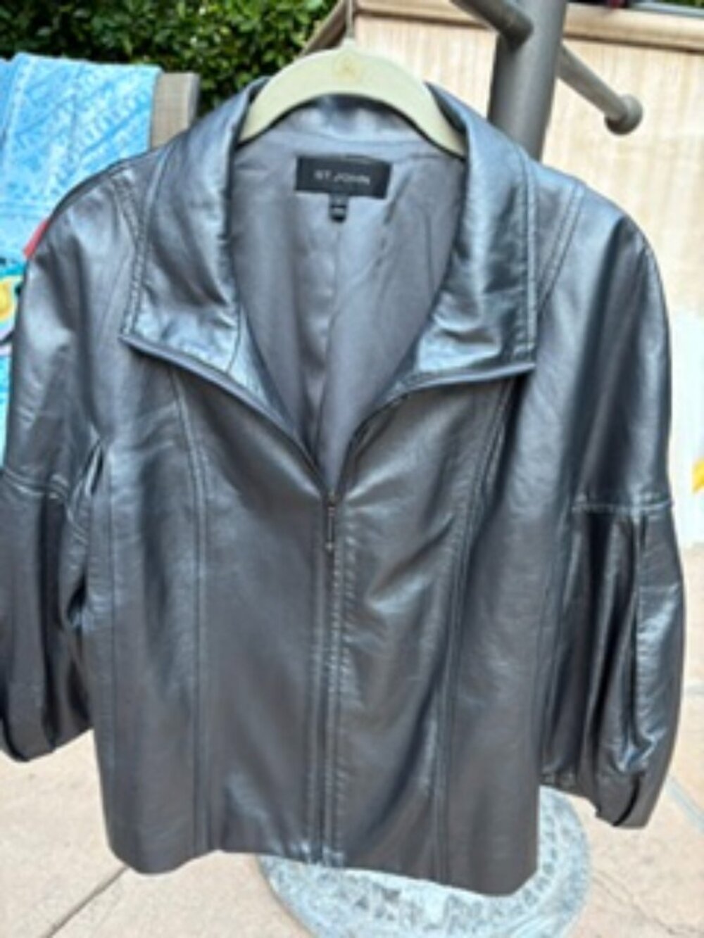 St. John Gunmetal Pearlized Leather Jacket – Balloon Sleeves – FA2017 - Petite